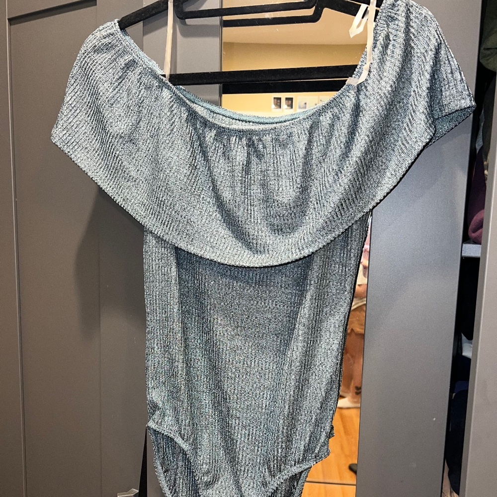 Blue Shimmer Off the Shoulder Bodysuit